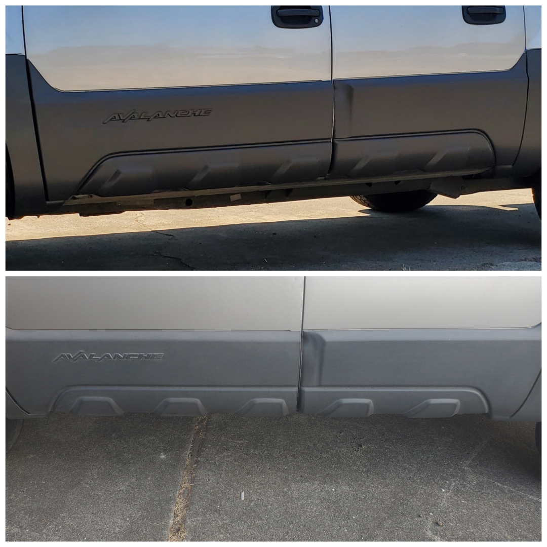 Sun beaten trim restored to manufacturer black.